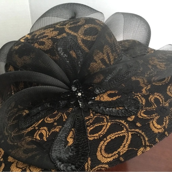 Dramatic Black and Gold Wide-Brimmed Hat- by Mr Hi’s rhinestones, sequins. - Picture 5 of 9